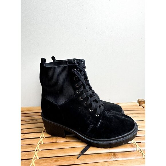 Black Velvet Lace Up Combat Boots Stretch Womens 8 - Picture 1 of 5